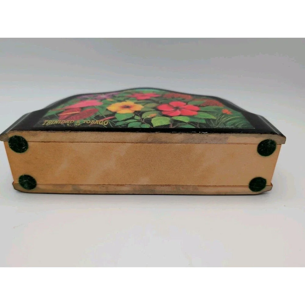 Vtg Black Lacquer Napkin Letter Holder Tropical Hibiscus Toucan Macaw Bascombe